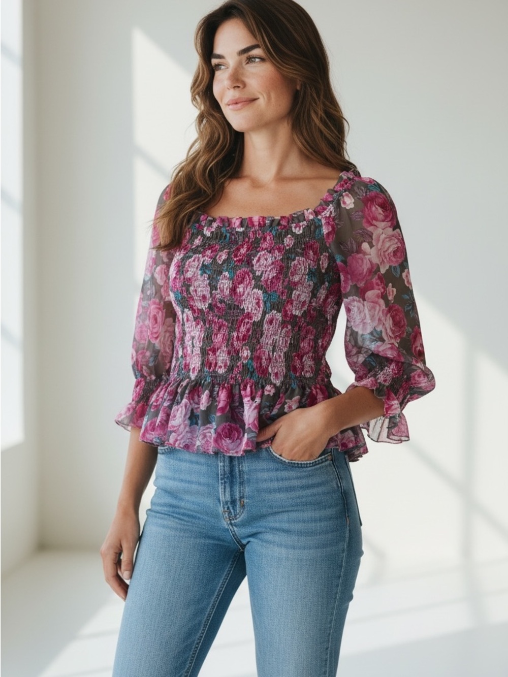 NWT Torrid Pink Floral Smocked Peplum Blouse Romantic